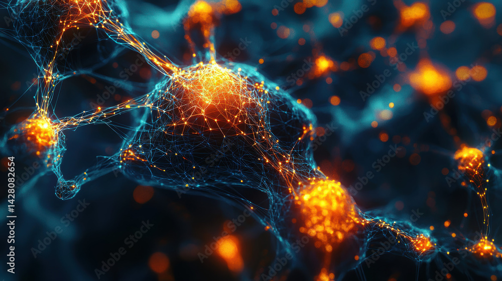 Abstract neural network with glowing nodes and connections, showcasing vibrant colors and intricate patterns, evoking sense of innovation Abstract neural network with glowing nodes and connections, showcasing vibrant colors and intricate patterns, evoking sense of innovation