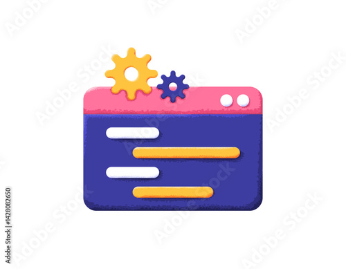 illustration of an application or programming software window with gear. create a program script, compile program. concept of developer and programmer. symbol. flat style design with texture grain