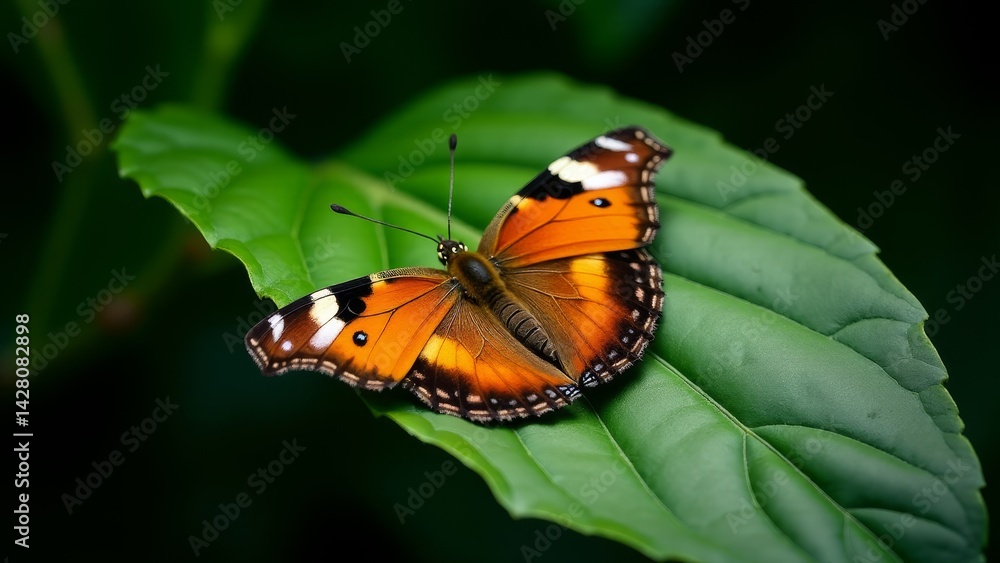 Orange Butterfly Resting On Green Leaf Orange Butterfly Resting On Green Leaf