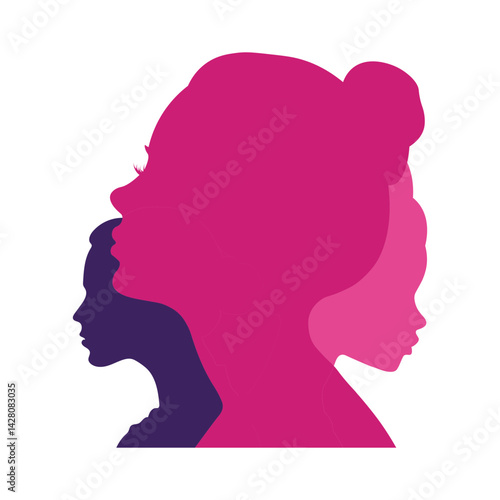 Women silhouette from various ethnicities for equality, women awarness. Women head vector illustration.	