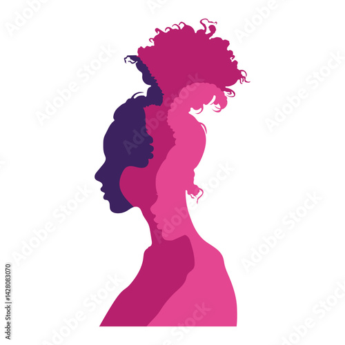 Women silhouette from various ethnicities for equality, women awarness. Women head vector illustration.	