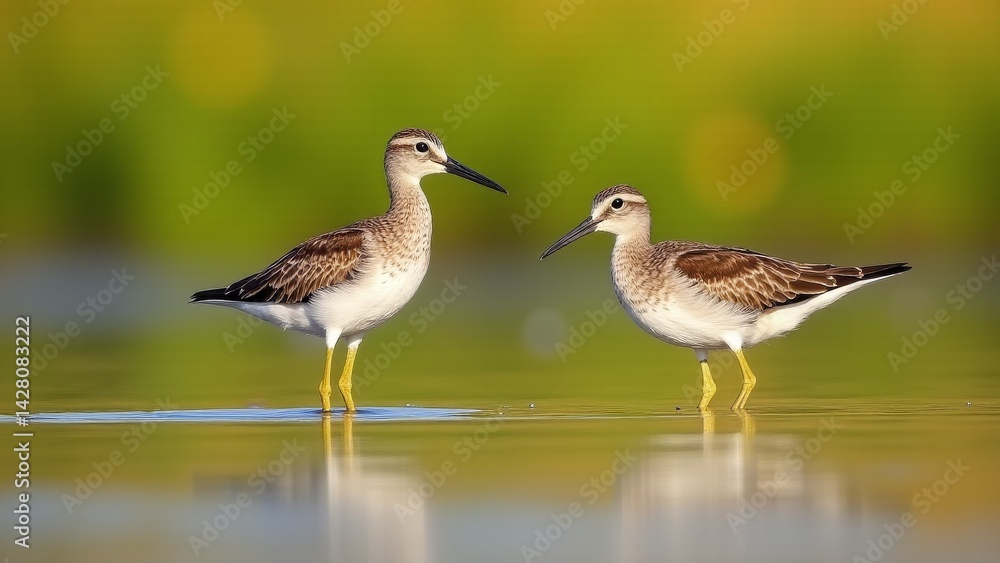 Fototapeta premium Pair Of Wood Sandpipers Wading In Water