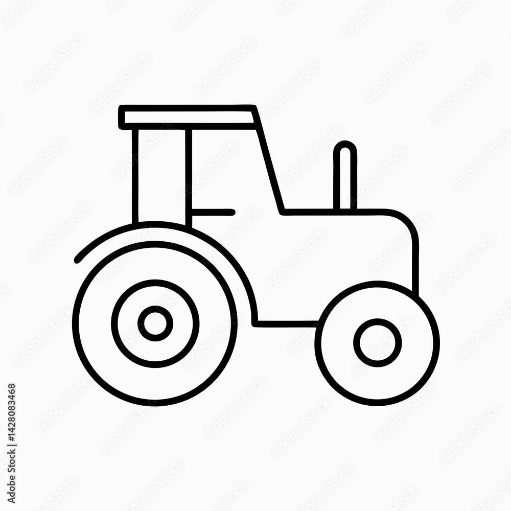 Minimalist tractor icon in side profile, representing modern farming, machinery, and rural equipment. Minimalist tractor icon in side profile, representing modern farming, machinery, and rural equipment.