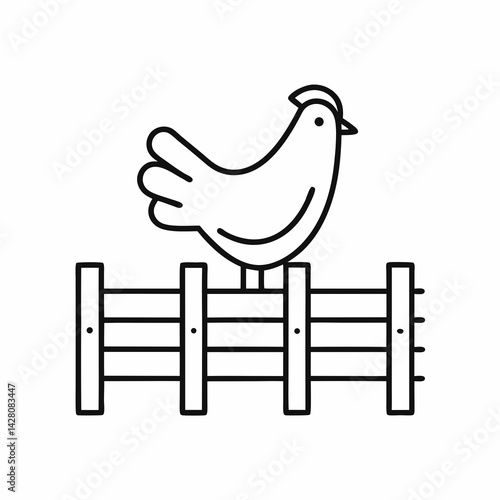 Thin-stroke icon of a chicken standing on a wooden fence, symbolizing rural farm life and poultry in the countryside.