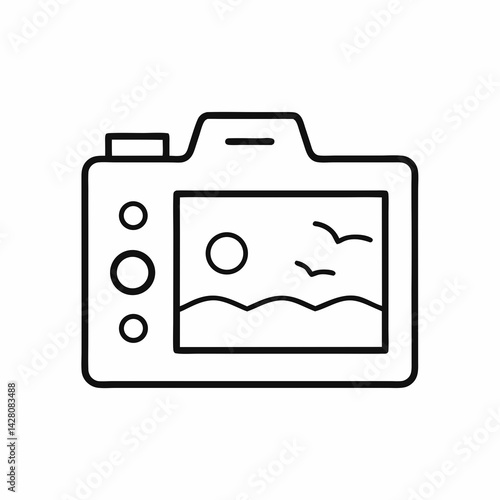 Clean outline of a camera with seashore scene in viewfinder, symbolizing vacation, travel photography, and scenic memories.