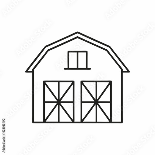 Minimalist line icon of a barn with triangular roof and two-panel door, symbolizing stables and rural storage.