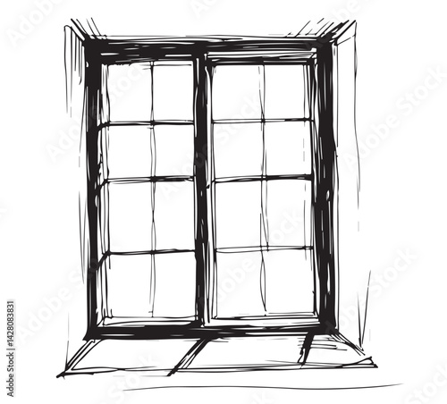 Old window with wooden shutters. Sketch of a window. Vintage style