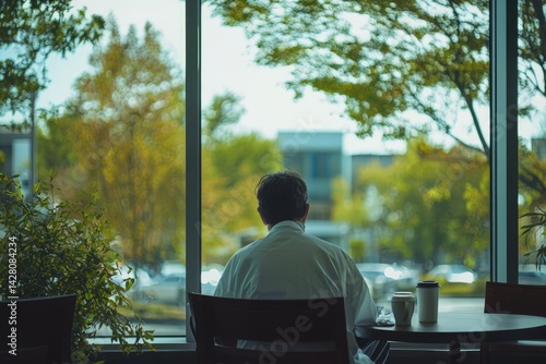 A break area near a window with a view of the outside. A doctor sits, enjoying a brief moment of quiet with a hot drink. The mood is peaceful and restful