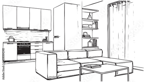 Stylish kitchen interior with modern furniture sketch