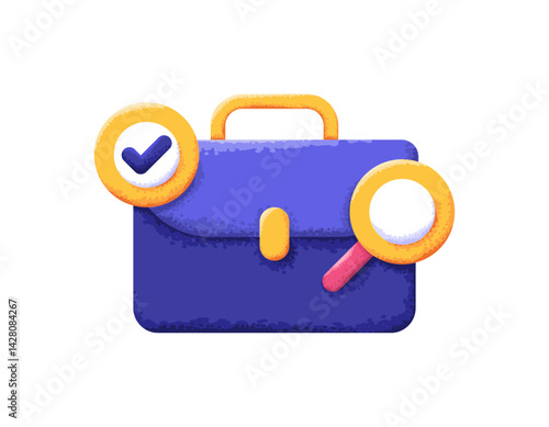 job search concept, job vacancy information. recruitment and hiring. looking for job info. illustration of briefcase with magnifying glass and check mark. symbol. flat style design with texture grain