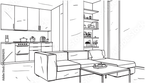 Stylish kitchen interior with modern furniture sketch
