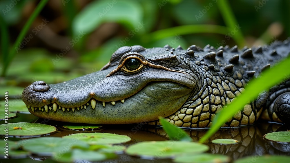 Fototapeta premium Alligator Resting In Water With Lilypads