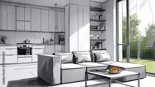 Stylish kitchen interior with modern furniture. Combination of photo and sketch