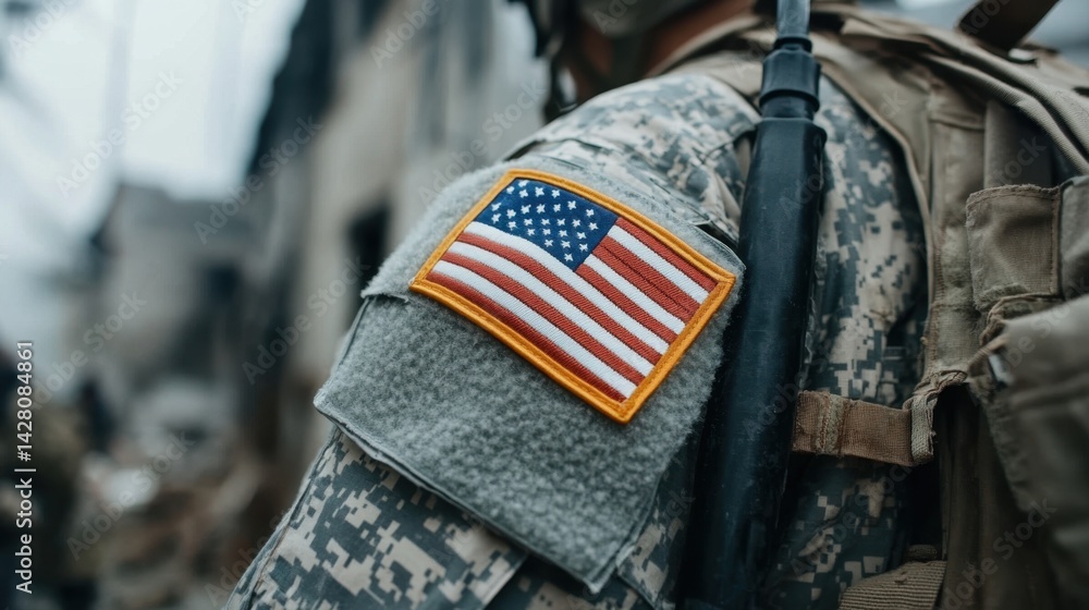Obraz premium Soldier's arm in focus, showcasing American flag patch on a crisp uniform, symbol of duty and patriotism