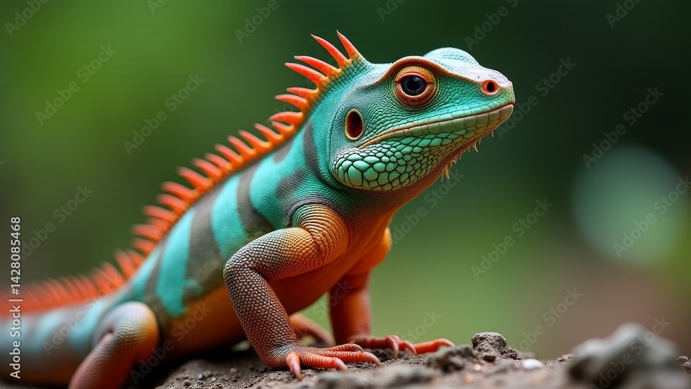 Fototapeta premium Vibrant Teal And Orange Iguana Portrait
