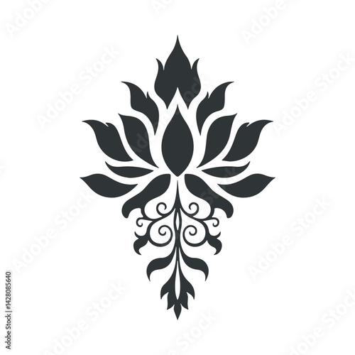 Vector abstract linocut floral logo poster template. Modern trendy minimal style. Black and white colors. Botanical blockprint for wallpaper, wall decor, print, postcard, cover, template.