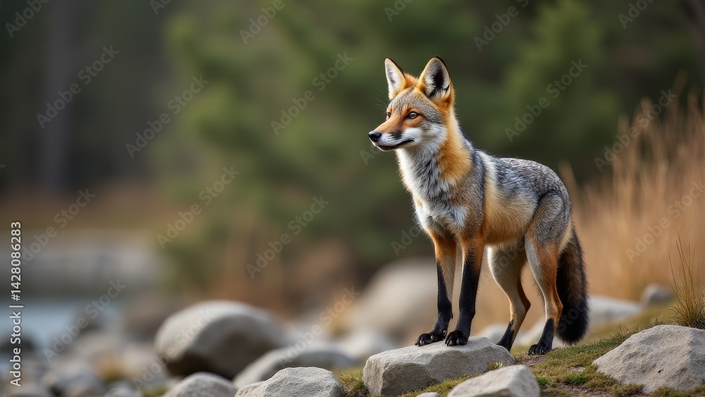 Fototapeta premium Alert Fox Standing On Rocky Hill