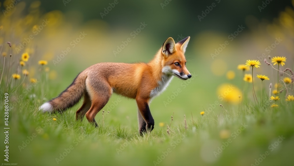 Fototapeta premium Red Fox Among Yellow Wildflowers