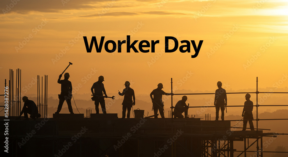 Fototapeta premium Worker day. Silhouette of construction workers on a building site during sunset