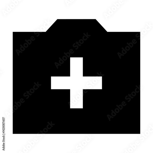 Black folder icon with a white plus sign in the center symbolizing addition or a medical concept with sharp edges
