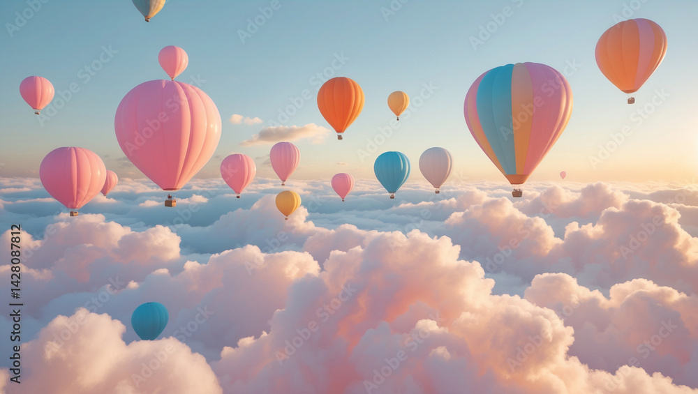 Fototapeta premium Surreal Balloons Floating Above Clouds at Sunrise in Pastel Colors – 4K