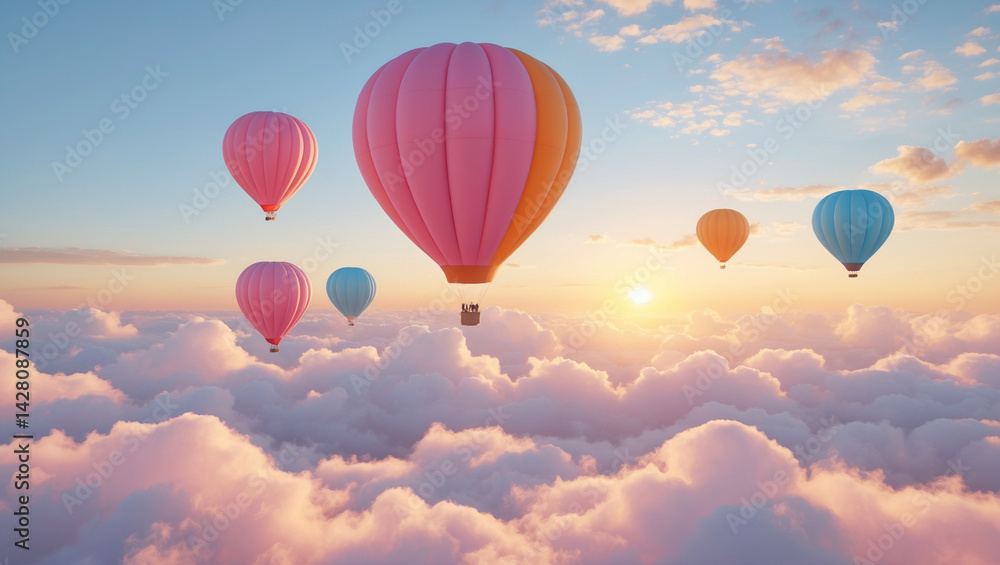 Fototapeta premium Surreal Balloons Floating Above Clouds at Sunrise in Pastel Colors – 4K