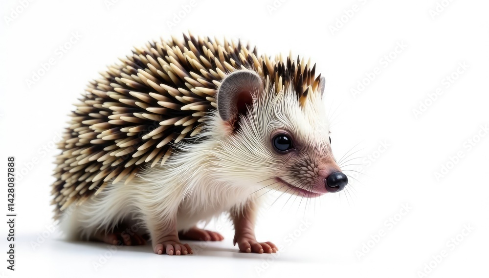 Fototapeta premium Single European hedgehog against stark white, focusing on quills, nature, mammal, european