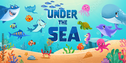 marine animals under the sea vector illustration banner