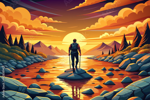 Cute Man carefully crossing a river by walking on stones at sunset time, embodying patience vector