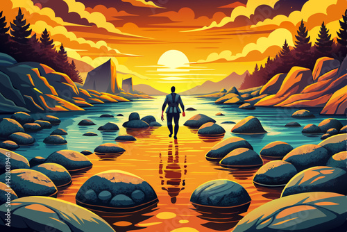 Cute Man carefully crossing a river by walking on stones at sunset time, embodying patience vector