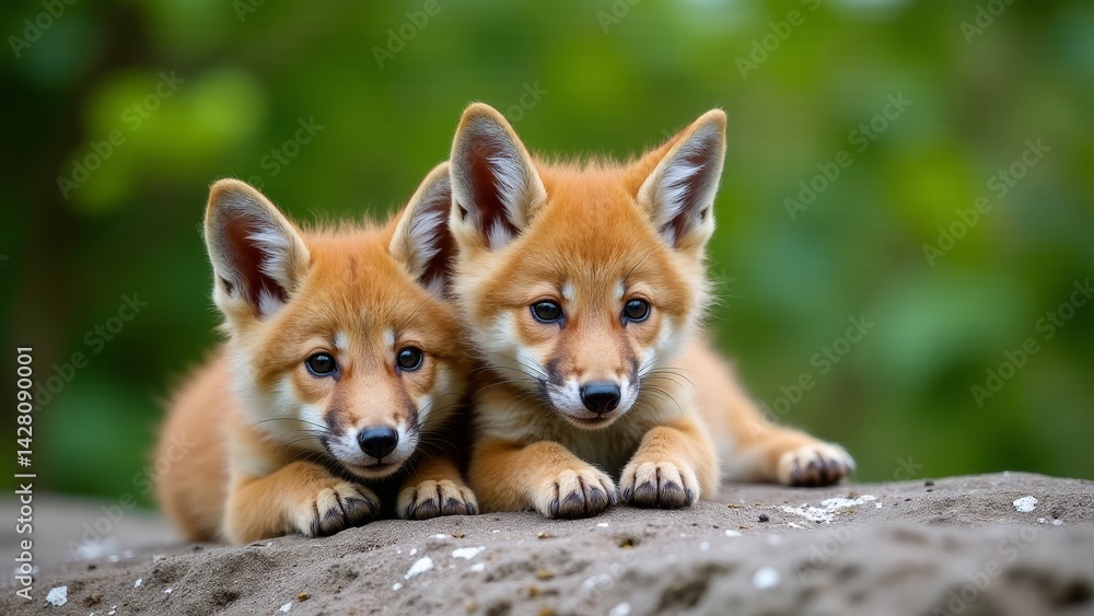 Fototapeta premium Two Golden Jackal Pups, Close Up