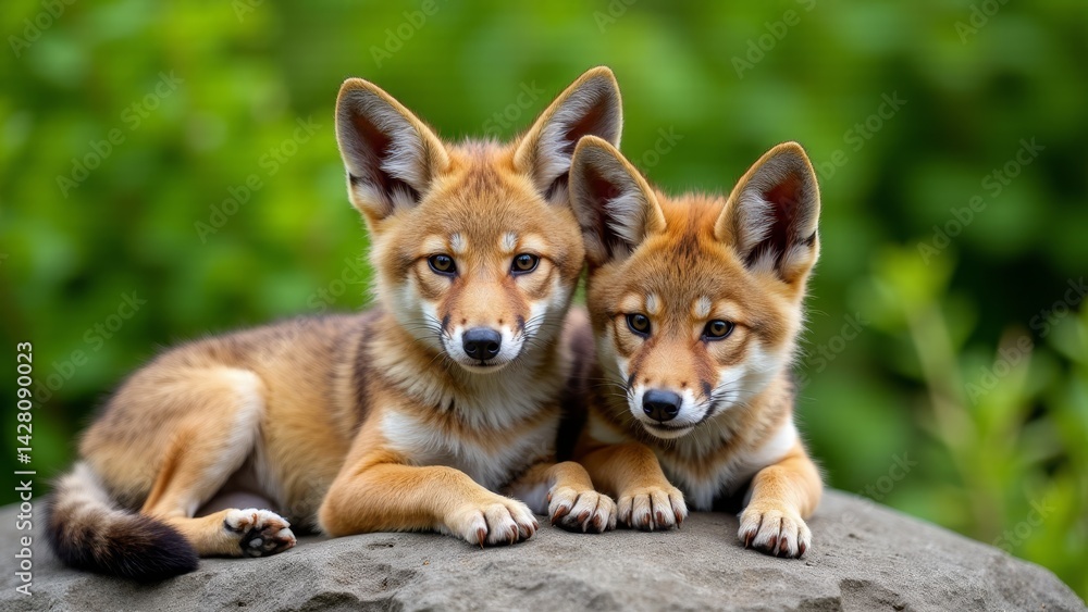 Two Cute Coyote Pups On Rock Two Cute Coyote Pups On Rock