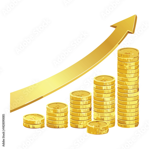 Gold Investment Growth Arrow with Coin Stacks
