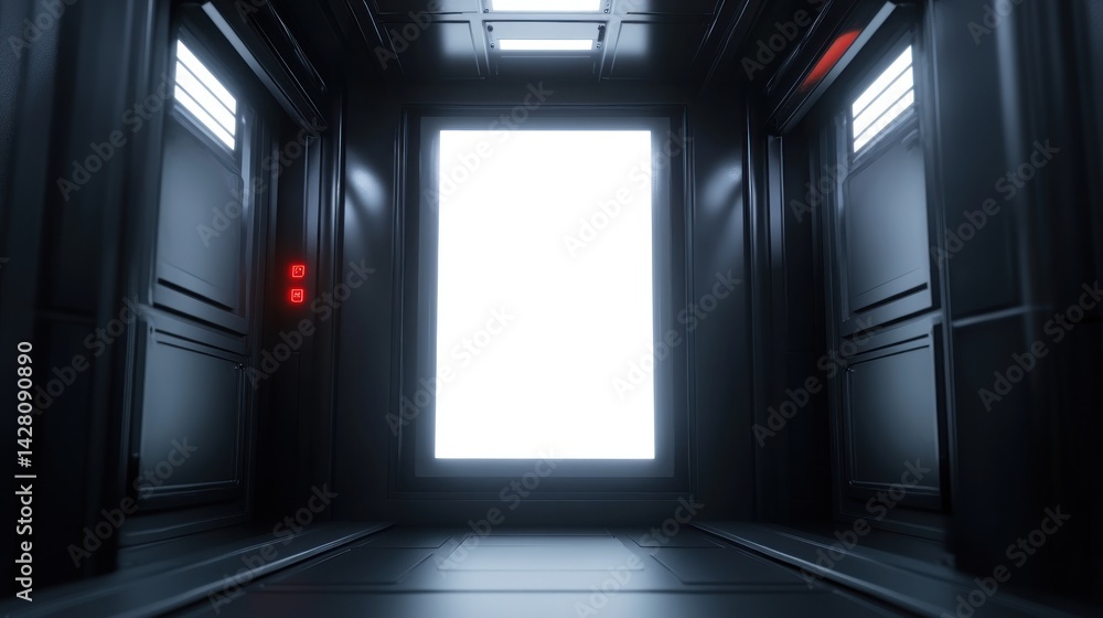 Futuristic elevator hallway with a blank, glowing doorway. Futuristic elevator hallway with a blank, glowing doorway.
