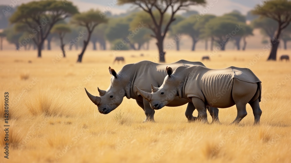 Fototapeta premium Two Rhinos Grazing In The African Savannah