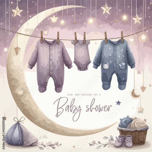 Watercolor Invitation Baby Shower Template card with children's clothes drying on a clothesline.