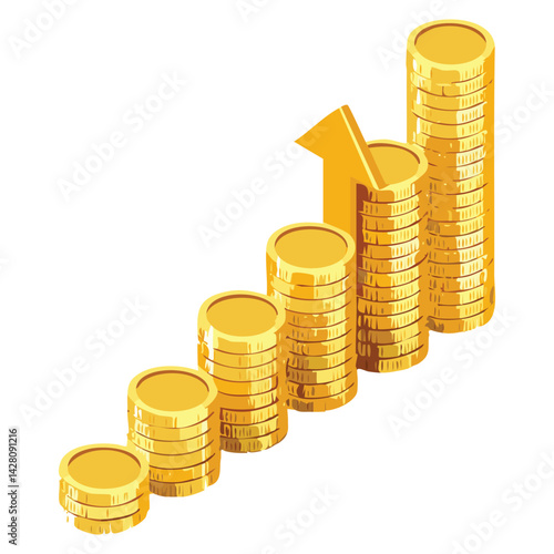 Financial Growth: Gold Arrow and Coin Piles
