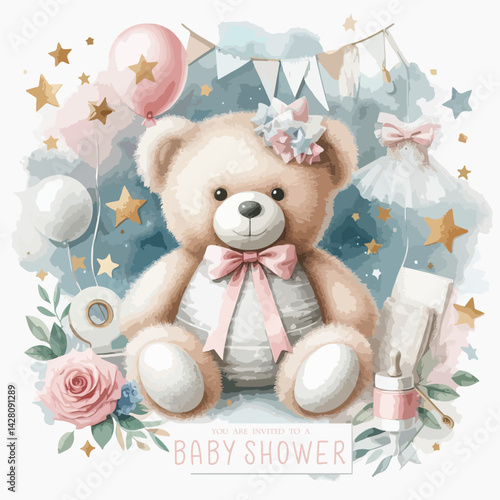 Cute baby shower watercolor invitation card for new born celebration. With plush toy teddy bear, balloons and stars.
