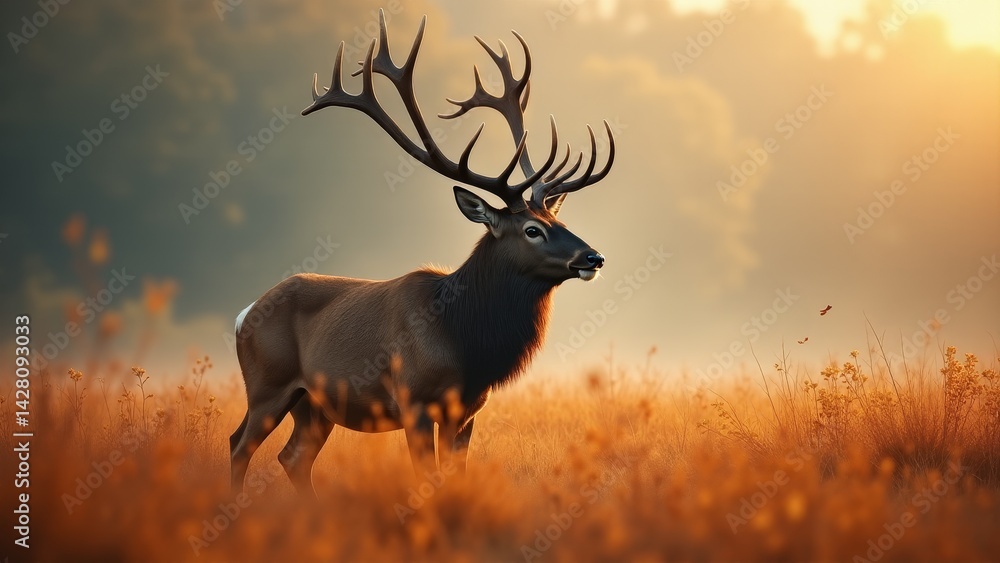 Naklejka premium Majestic Elk In Golden Field