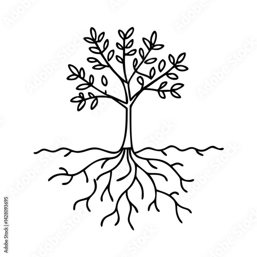 tree with roots growth icon, tree with roots growth line art - simple line art of tree with roots growth, perfect for tree with roots growth logos and icons