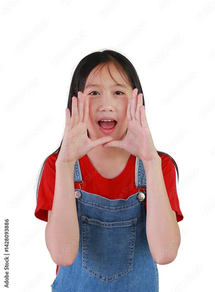 Portrait of Asian young girl with hand cupped to his mouth and shouting or whispering an exciting secret, on white background.