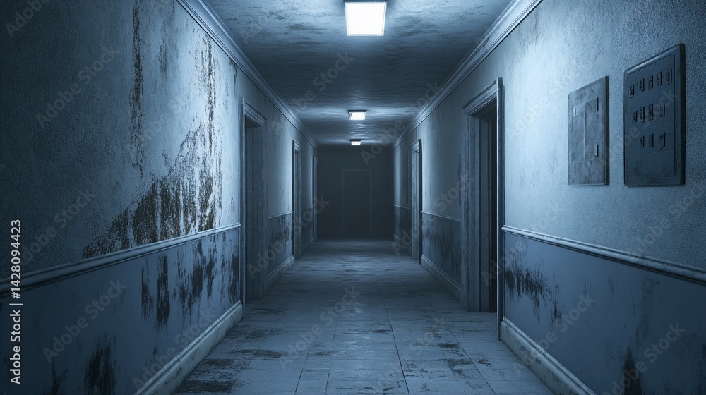 Dimly lit, decaying hallway with aged walls and closed doors. A sense of dread looms Dimly lit, decaying hallway with aged walls and closed doors. A sense of dread looms