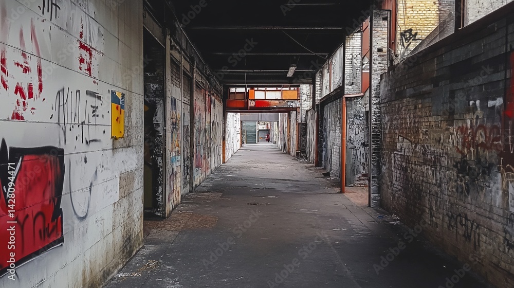 Fototapeta premium Long, narrow, urban corridor; walls covered in colorful graffiti, and an open end revealing the outside