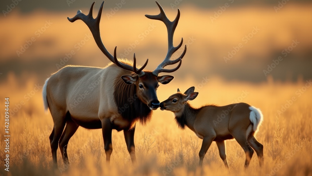 Bull Elk And Calf Touching Noses Bull Elk And Calf Touching Noses