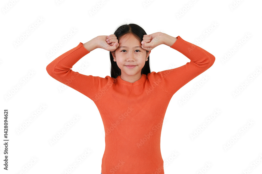 Playful Asian girl child put both hands on forehead isolated on white studio background.