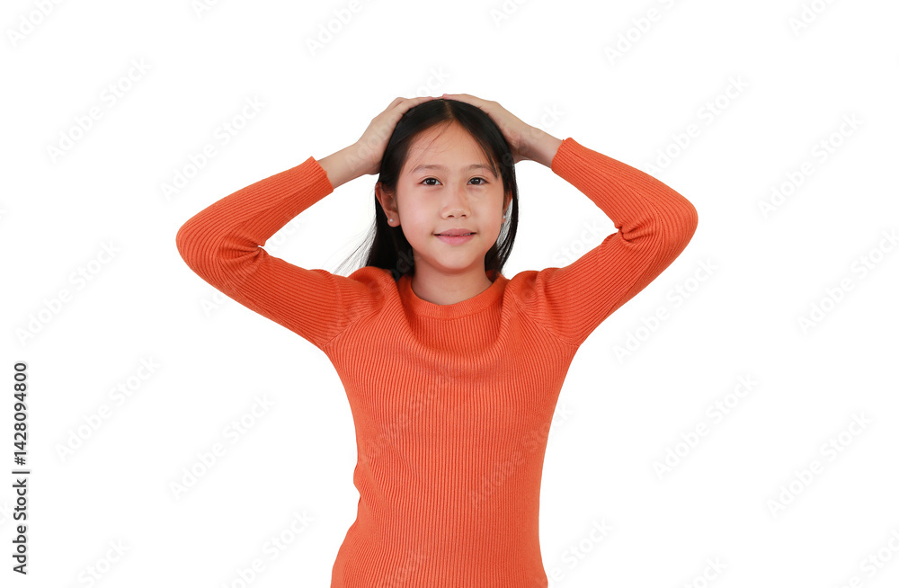 Portrait of a emotional beautiful Asian girl child put both hands cover on hair and head isolated on white studio background.
