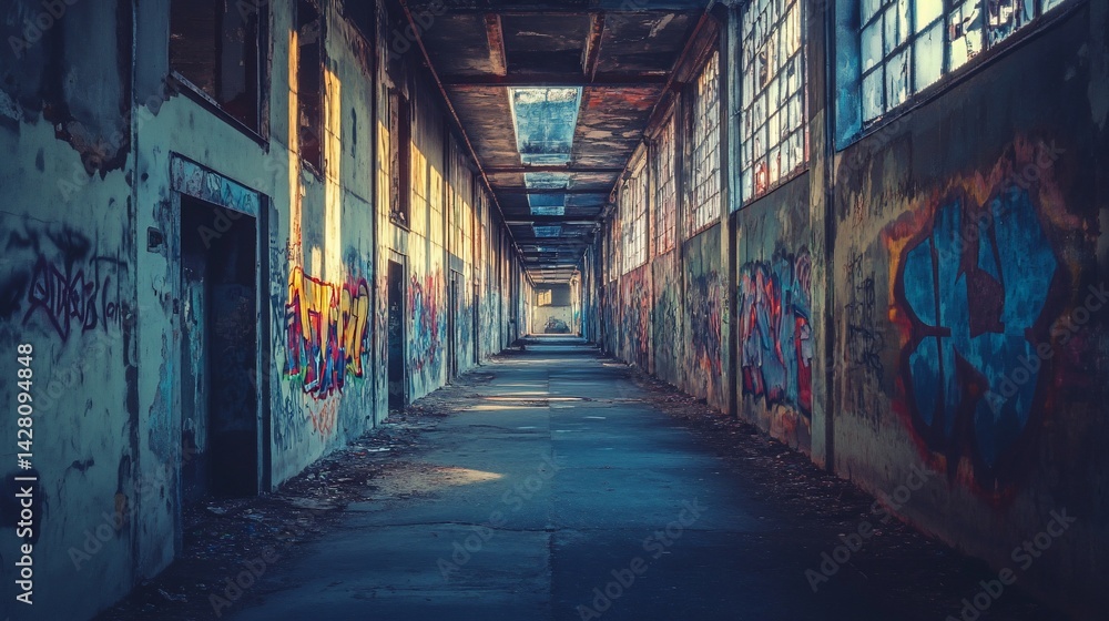 Abandoned industrial interior, long hallway with graffiti on walls. Light streams through windows Abandoned industrial interior, long hallway with graffiti on walls. Light streams through windows