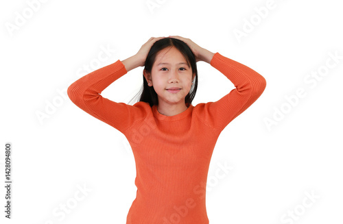 Obraz na płótnie Portrait of a emotional beautiful Asian girl child put both hands cover on hair and head isolated on white studio background. w salonie