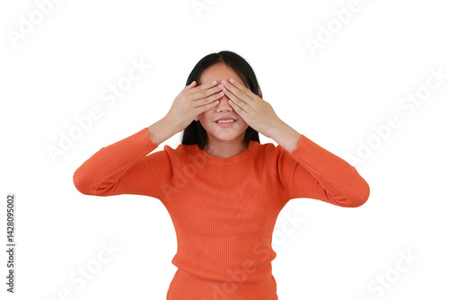 Obraz na płótnie Smiling Asian child girl closes her eyes with her hands isolated on white studio background. I see nothing. w salonie