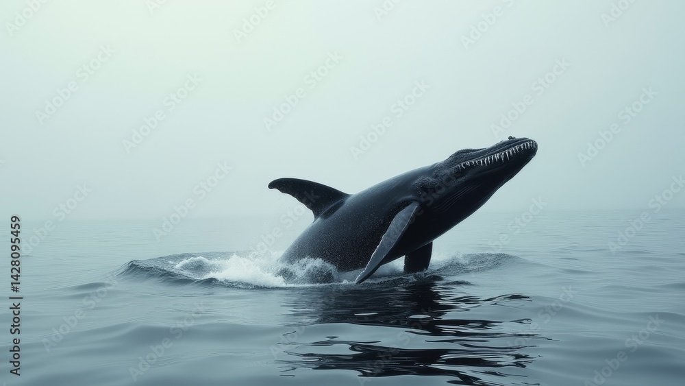 Fototapeta premium Humpback Whale Breaching On Foggy Morning